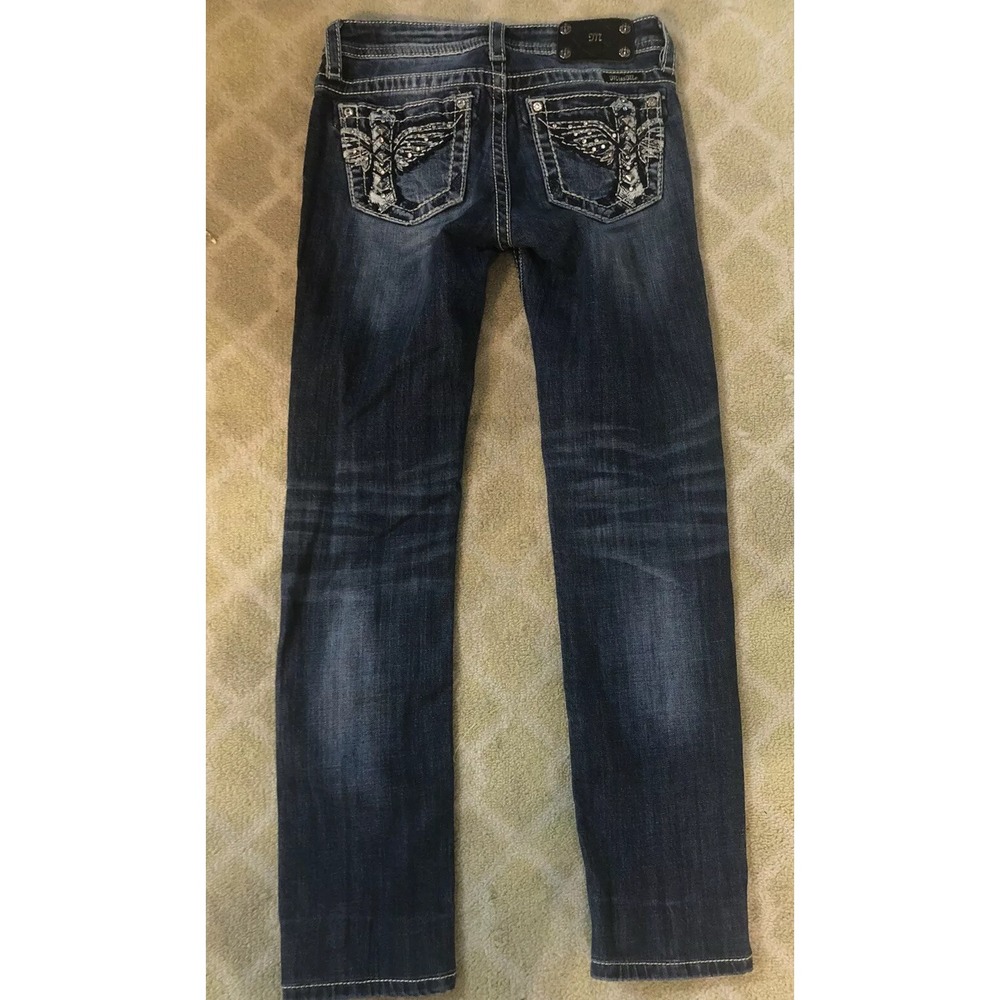 Miss Me Girls 16 Skinny Jeans Crystal Rhinestone Cross Wings Pocket Blue Denim